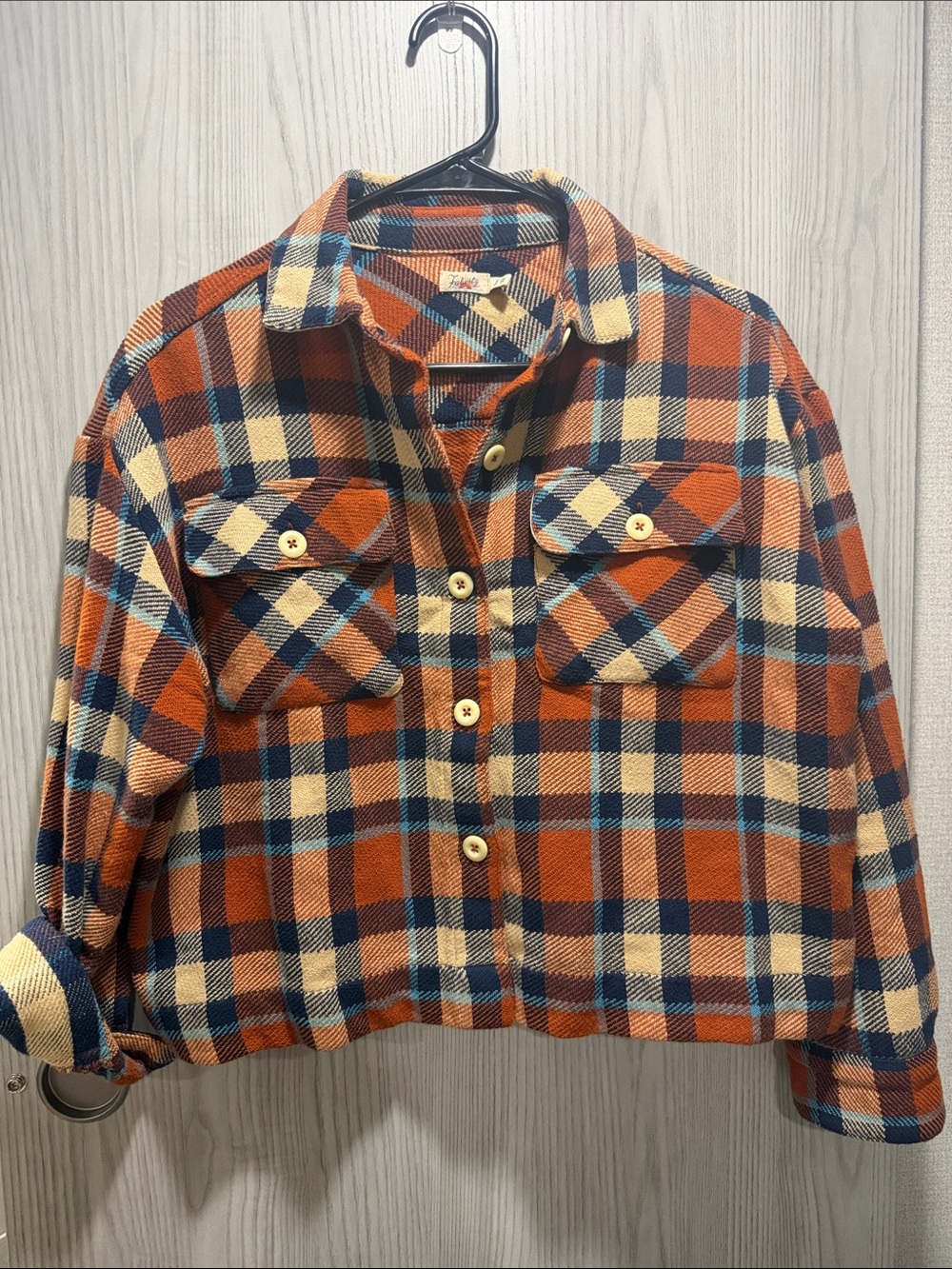 Faherty Orange Navy Cream Plaid Button-Up Shirt Jacket